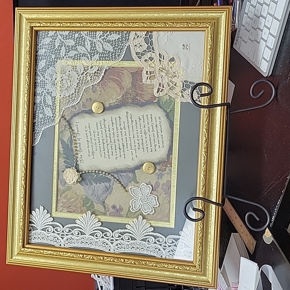 The Bond of Family Framed Poem Collage Floral Victorian Buttons Lace 17x14